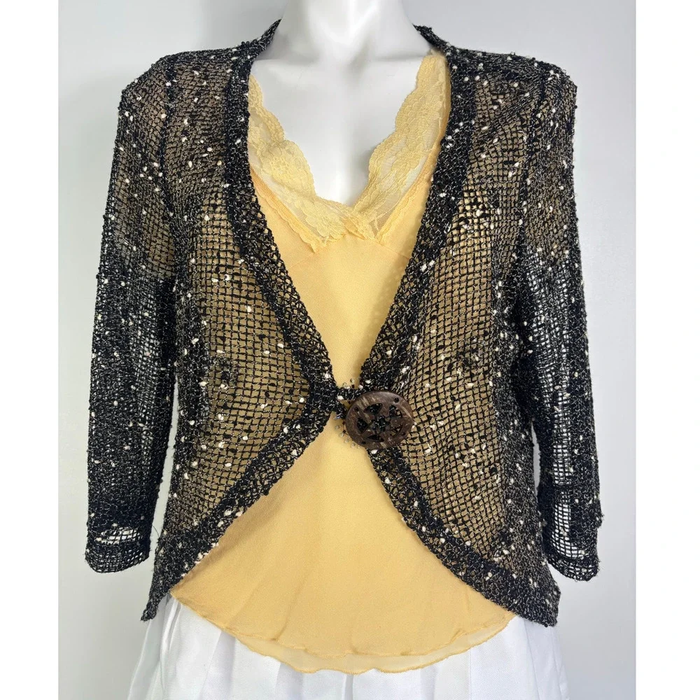 Sheer Open Knit Speckled Cardigan M Wood Button Layering Coastal Boho Resortwear